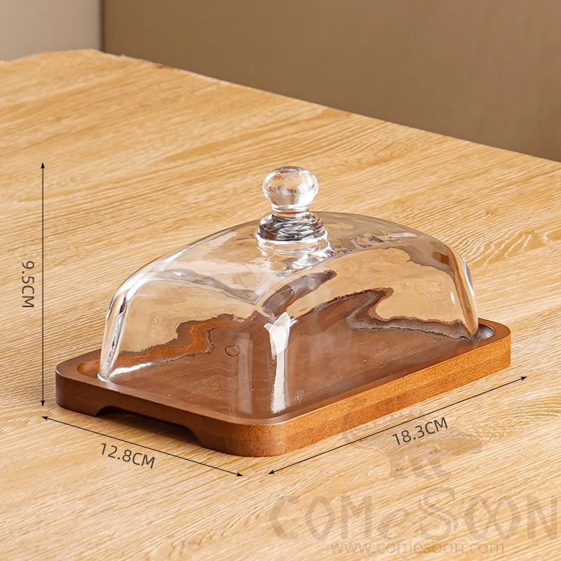 Rectangle Wooden Butter Dish W/glass Cover, L18.3*W12.8*H9.5cm