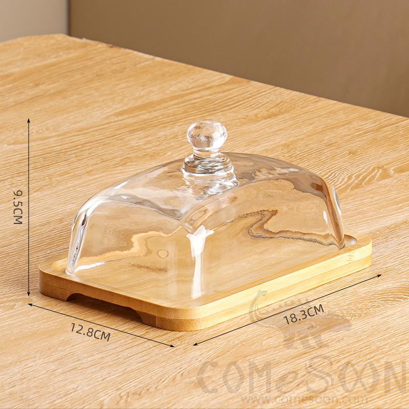 Rectangle Wooden Butter Dish W/glass Cover, L18.3*W12.8*H9.5cm