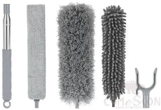 Dust Removal Package, W/ Short Telescopic Rod and Bed Brush and Gray Microfiber Head and Chenille Head and Clothes Drying Fork
