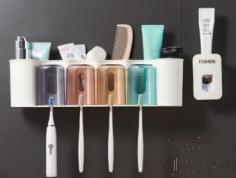 Wall-Mounted Four-Tier Toothbrush Holder (with Toothpaste Squeezer), PP, 5.5*6.5*11cm