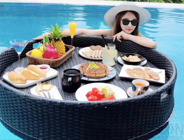Swimming Pool Floating Table-Φ80cm, Metal Frame+ Imitation Rattan, Φ80*20cm