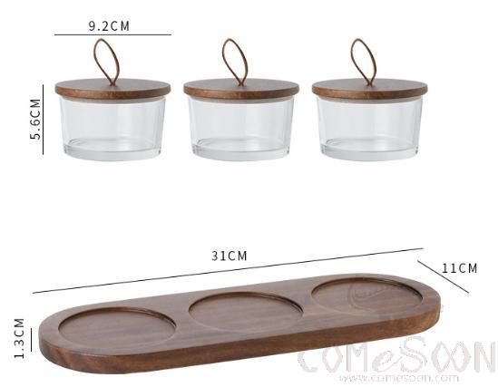 Trio of Glass Bowls with Wooded Base, W/ Cover