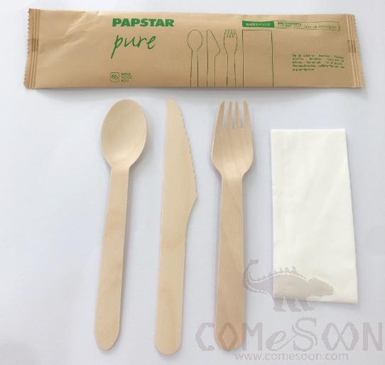 Disposable Wooden Cutlery Kit 4pcs/set, 16cm
