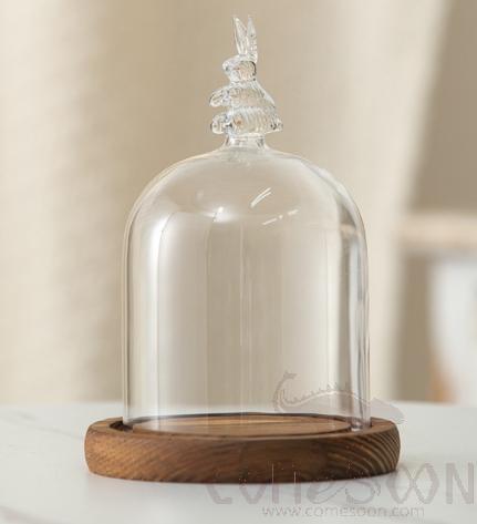 Rabbit Glass Cover with Wood Base D9*11cm