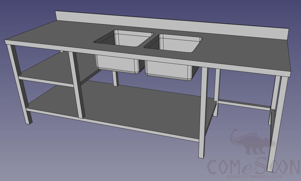 Hi Bar-4:ss Double Sink with Under Shelf and Splash Back, L230*W70*H85+ 10cm