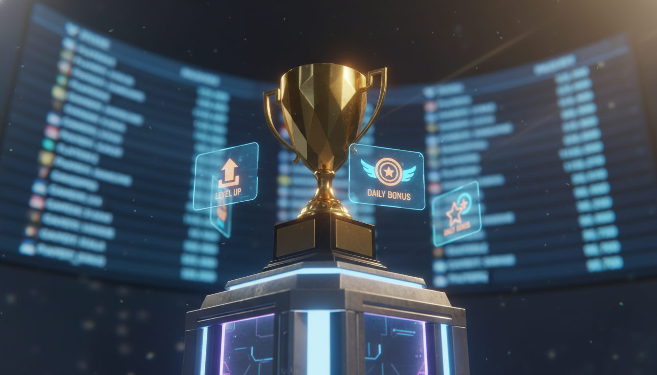 A cinematic shot of a shiny gold trophy sitting on a high-tech pedestal. Surrounding the trophy are floating digital icons representing "Level Up" and "Daily Bonus." The background shows a stylized, blurred leaderboard with glowing text, creating a sense of achievement and competition.