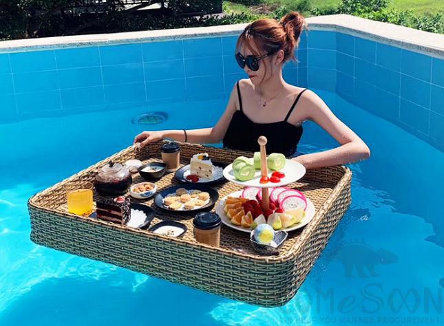 Swimming Pool Floating Table-80*60cm, Metal Frame+ Imitation Rattan, 80*60*20cm