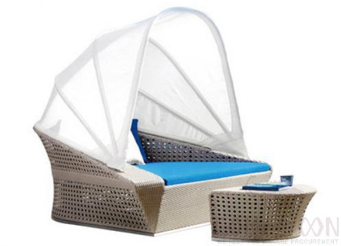 Outdoor Lying Bed-195cm, PE Rattan+ Aluminum Frame+ Waterproof Cloth+ High-Density Sponge+ Waterproof Cloth Canopy, 195*144*178cm