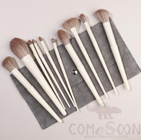 Nylon Cosmetic Brush Set+ Dark Grey Storage Bag, White, 14cm