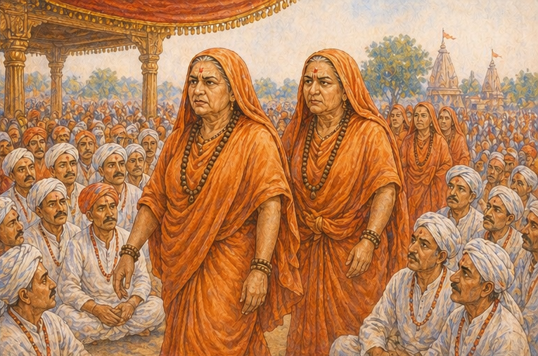 Harbai and Valbai walking into the sabha