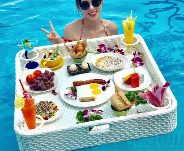 Swimming Pool Floating Table-80*80cm, Metal Frame+ Imitation Rattan, 80*80*20cm