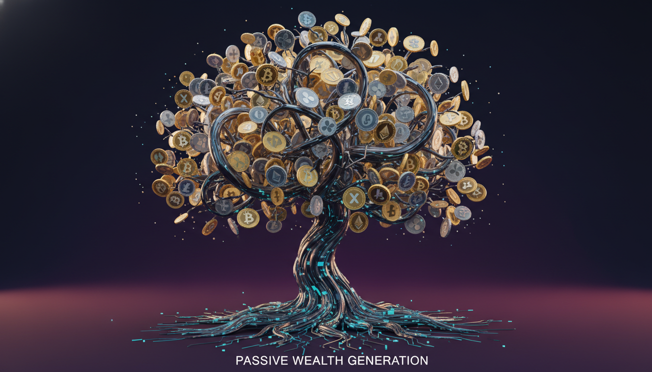 A conceptual 3D illustration of a futuristic "crypto-tree" where the leaves are different gold and silver coins of various cryptocurrencies. The roots of the tree are glowing digital circuits, and the background is a soft, professional dark gradient. The image conveys growth and passive wealth.