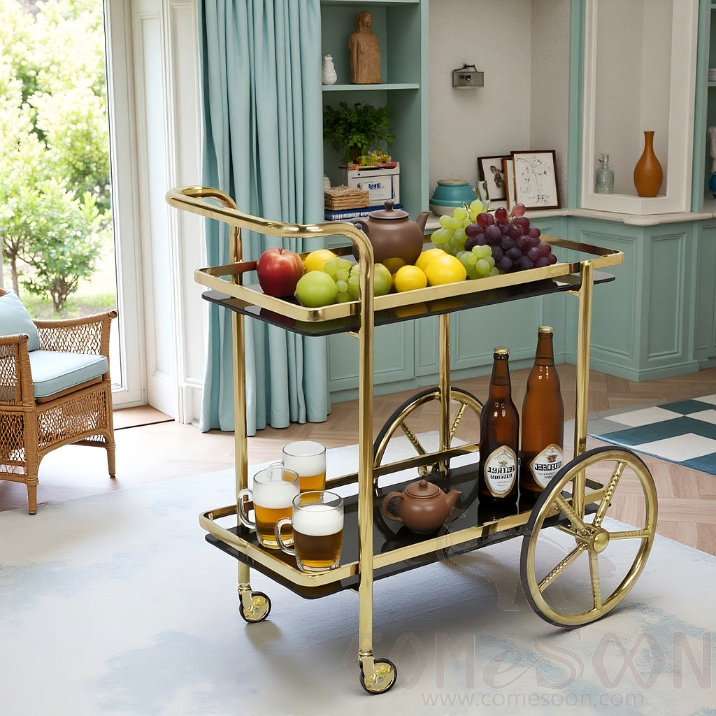SUS 304 Service Trolley, Black Tempered Glass Countertop, L870*W540*H850mm