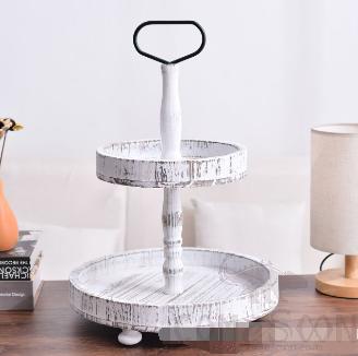 Double Tray Wooden Frame, Wooden, Cream, H47, Diameter Small: 23, Diameter Large: 33cm