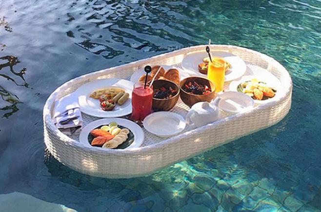 Swimming Pool Floating Table-100*50cm, Metal Frame+ Imitation Rattan, 100*50*20cm