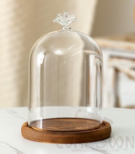 Flower Glass Cover with Wood Base D12*16cm