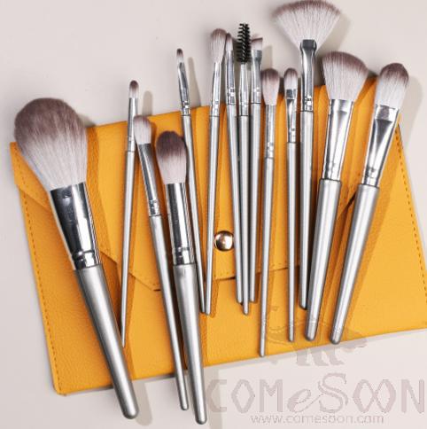 Nylon Cosmetic Brush Set+ Orange Storage Bag, Silver, 14cm
