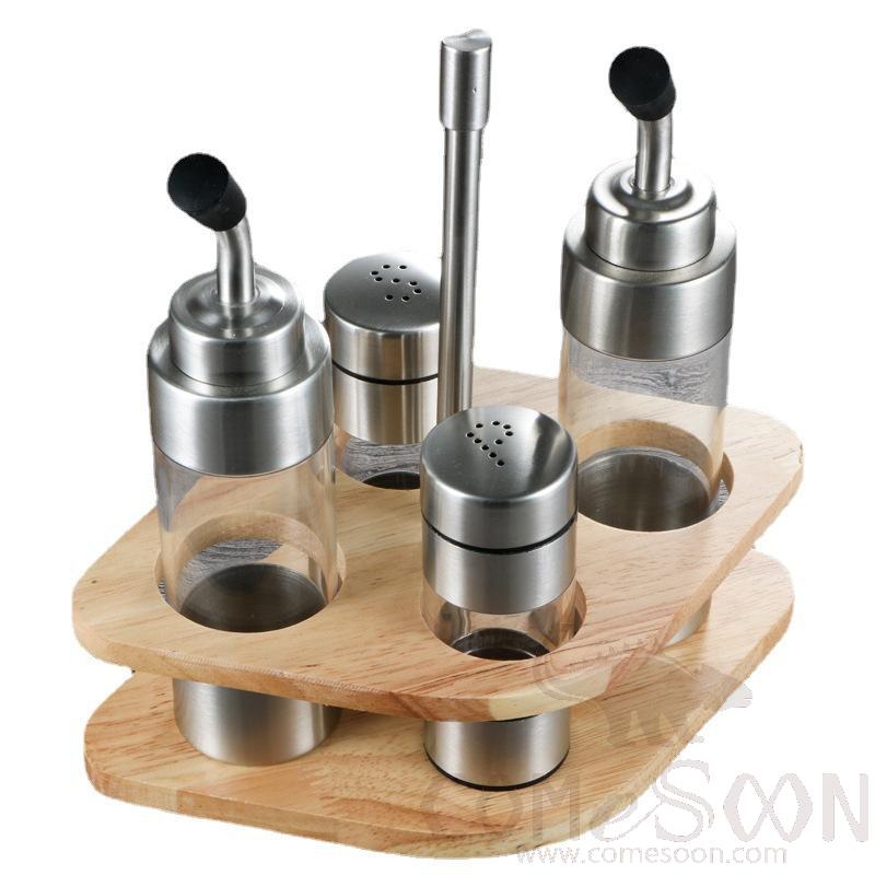 Oil Bottle/salt&peppe Shakers W/wooden Tray Set, L21*W12*H20.5cm