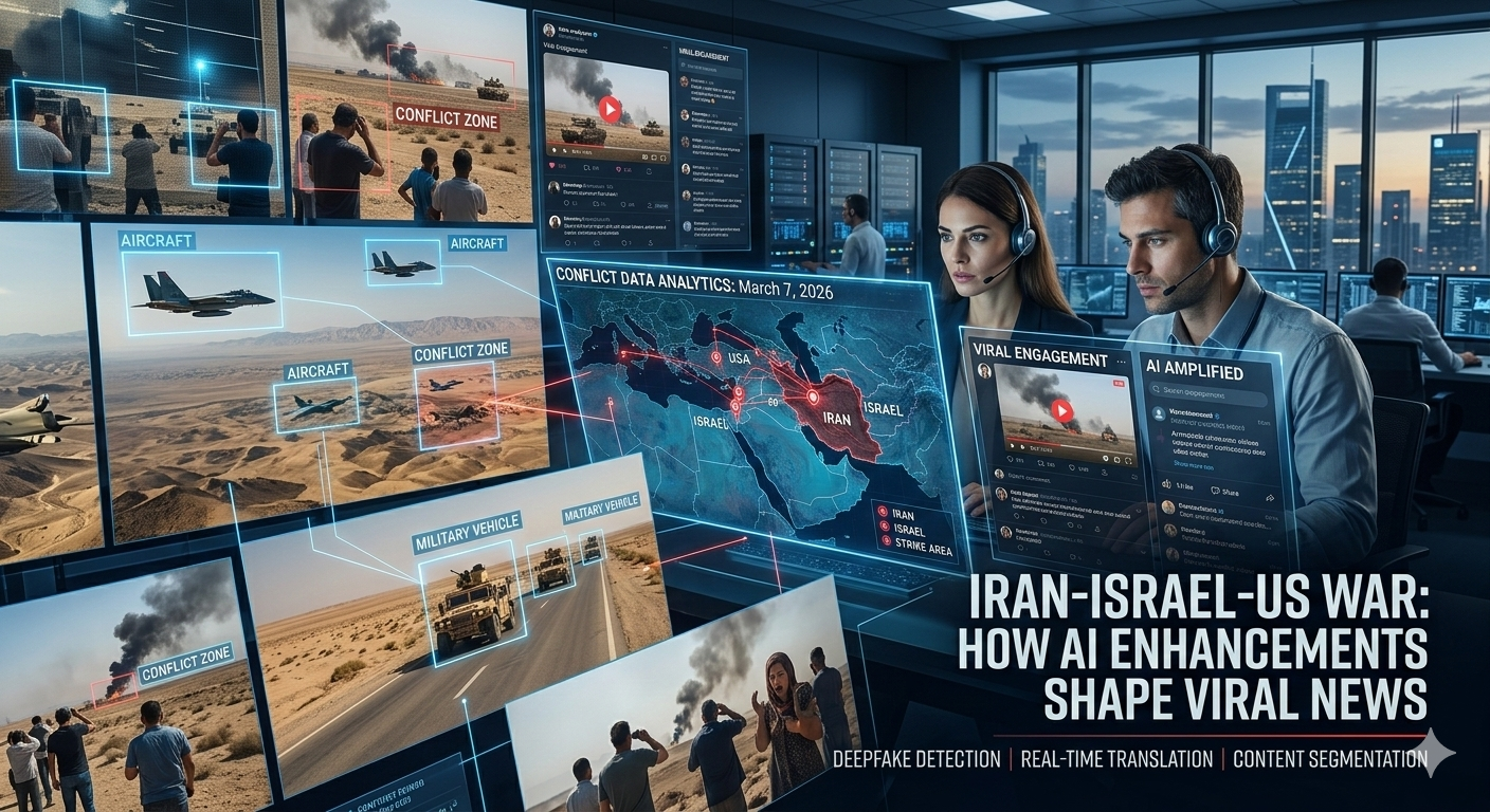 AI-enhanced war reporting interface showing Iran Israel US conflict map and AI video editing technology