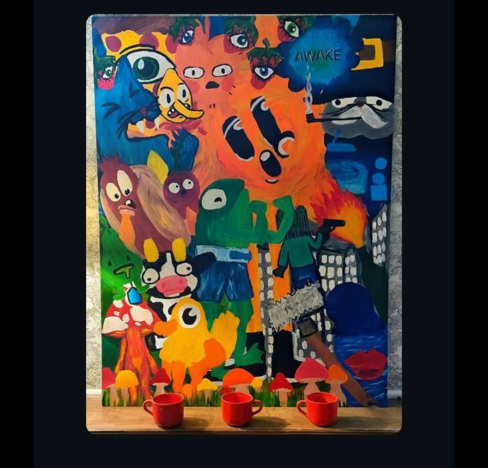 Color-block collage painting with sketched faces