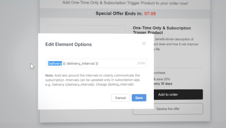 The "edit title" popup for the Recharge widget inside the OCU pre-purchase offer builder.