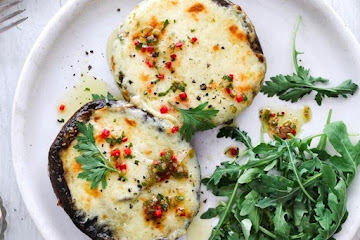 Rarebit mushrooms with pickle dressing
