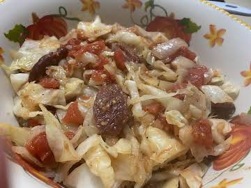 Cabbage, sausage and tomatoes.