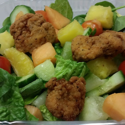 From Instagram: Spinach and arugula salad with tomatoes, purple onions, honeydew, cantaloupe, cucumbers, and chicken tenders. (3 tenders only!) http://instagram.com/p/yuQQ8PPYA6/