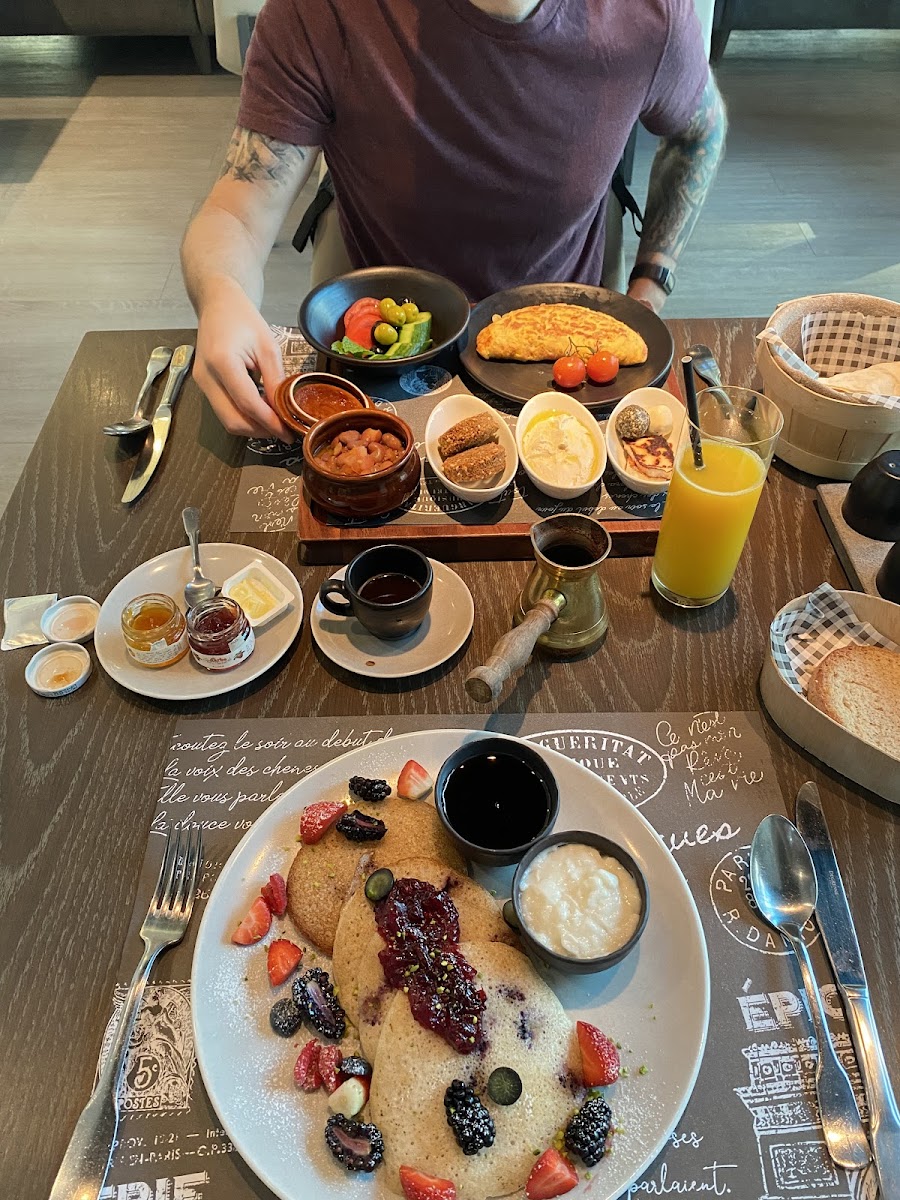 Gluten free rice pancakes and The Local Breakfast sub gf bread