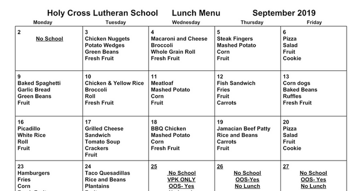 Lunch Menu            September 2019