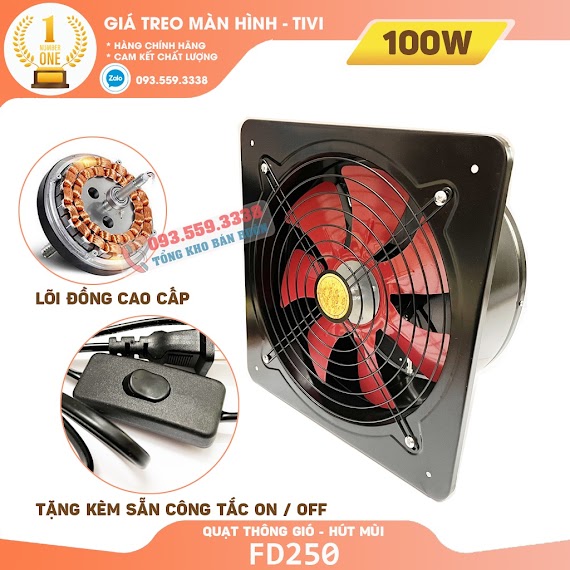 Fd 250 | Quạt Hút Gió, Quạt Thông Gió , Hút Mùi Nhà Bếp , Nhà Vệ Sinh , Phòng Ngủ Công Xuất 100W - Tặng Kèm Công Tắc