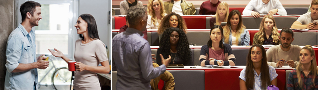 A conversation between two smiling people contrasted with image of serious lecture audience