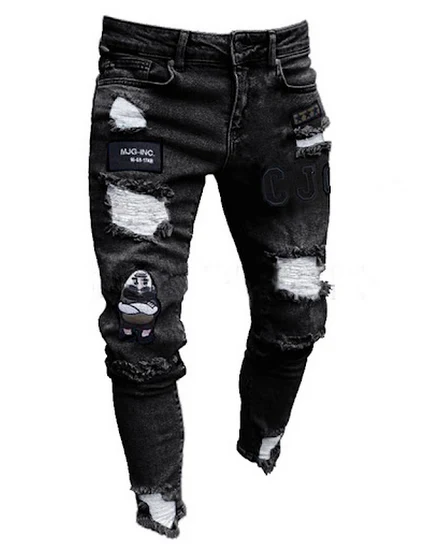 3 Styles Men Stretchy Ripped Skinny Biker Embroidery Prin... - 0