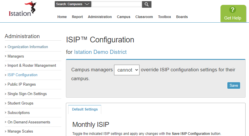Administration tab is open to the ISIP Configuration section.
