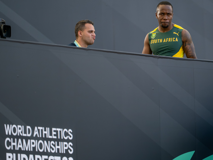 Akani Simbine walks away from the track after being disqualified in the men's 100m semifinals at the world championships in Budapest last Sunday.