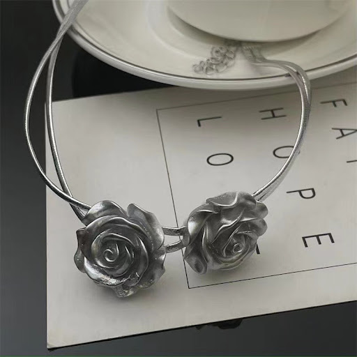 Title 2, Retro Silver Rose Clavicle Chain for Women, a u...