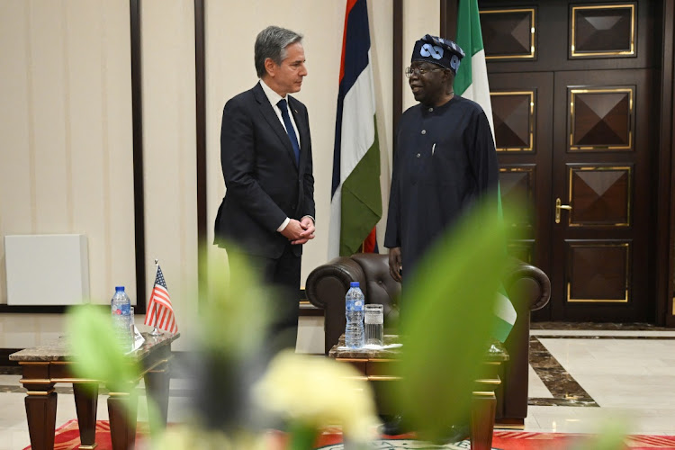 Nigerian President Bola Tinubu and US secretary of state Antony Blinken speak following a meeting at the Presidential Villa in Abuja, Nigeria, January 23 2024. Picture: ANDREW CABALLERO-REYNOLDS/REUTERS