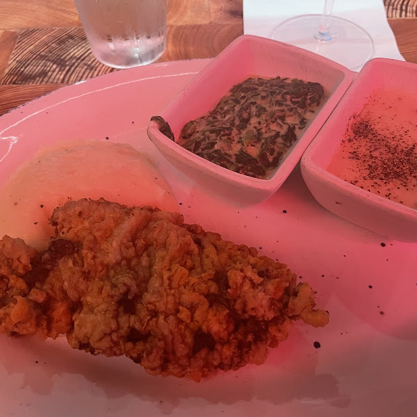 GF Chicken fried steak, mash potatoes, gravy, & creamed spinach