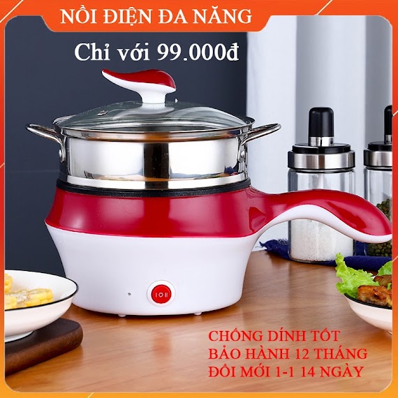 Nồi Điện Mini Size 18Cm Hai Tầng Đa Năng Tặng Kèm Khay Hấp Inox, Nồi Lẩu Điện Mini Ca Nấu Mì Chống Dính 1 Nấc Nhiệt