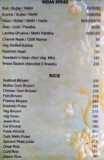 Swadeshi's menu 