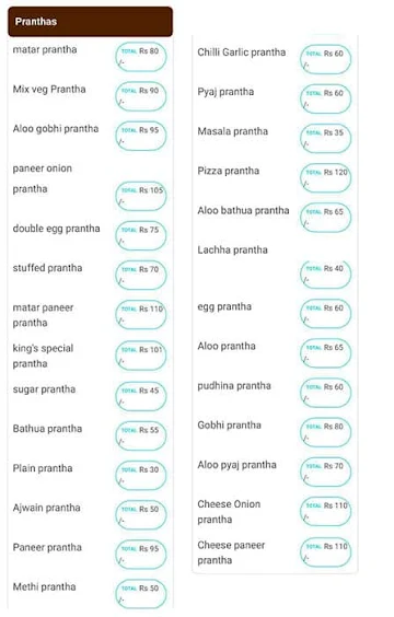 Parantha King menu 