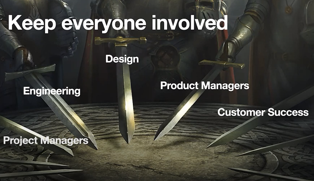 An image of the knights of teh round table with labels for each knight - Product Managers, Engineering, Design, Customer Success and Project Managers