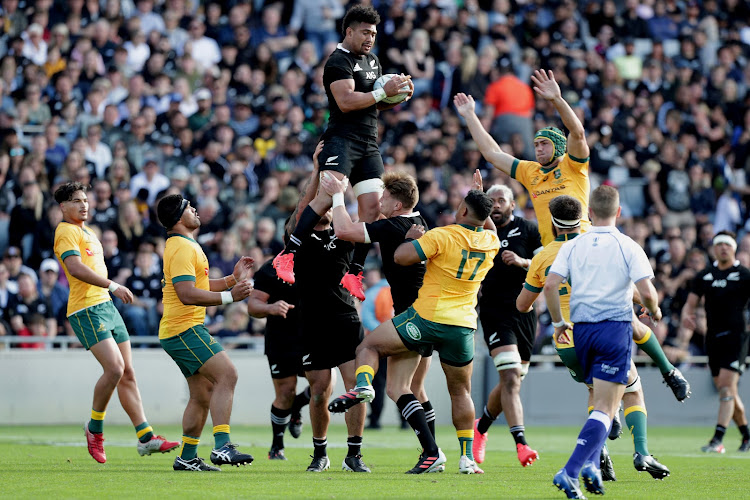 New Zealand's Ardie Savea wins a lineout during the second match of the Bledisloe Cup