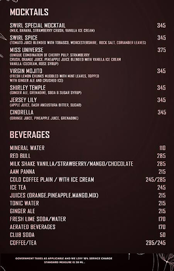 Swirl Cookhouse & Patio menu 