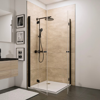 Accès d'angle avec portes de douche pivotantes pliantes