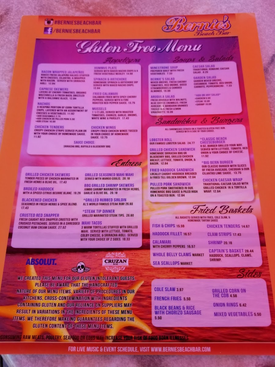 Bernie's Beach Bar gluten-free menu