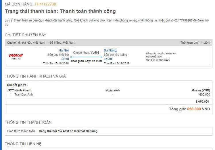 thanh toán vé thành công
