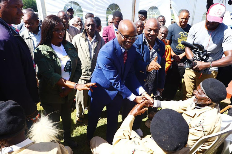 State Department of Internal Security and National Administration Principal Secretary Raymond Omollo and other leaders at the home of freedom fighter Field Marshall Mukami Kimathi on May 12.