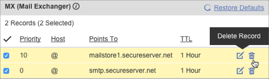 Trash icon deleted the selected record