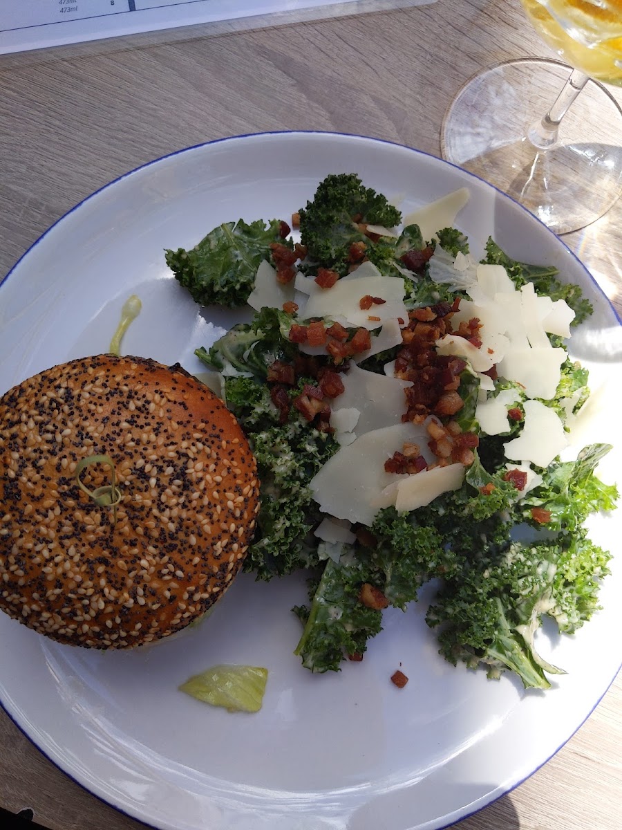 Chris' burger and kale caesar (COULD HAVE HAD FRIES)